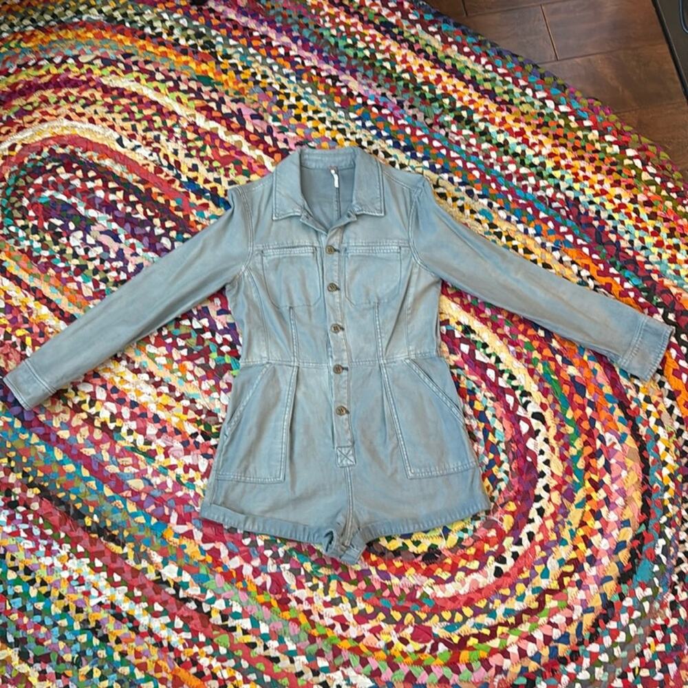 Free People Long Sleeve Gray Wash Boho Hippie Denim Utility Romper